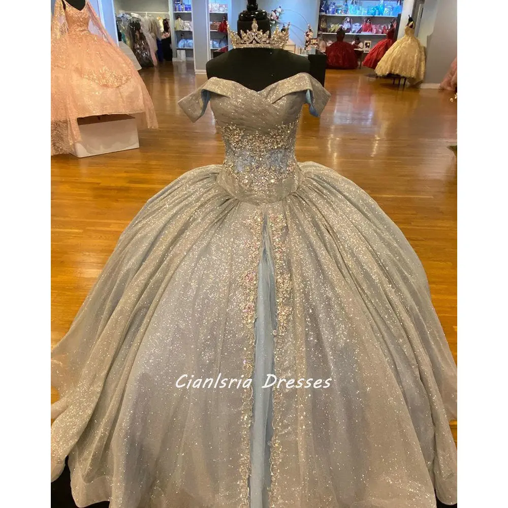 Silver Shiny Crystal Tulle Off The Shoulder Ball Gown Quinceanera Dresses Beading Diamond Pleat Corset Vestido De 15 Anos