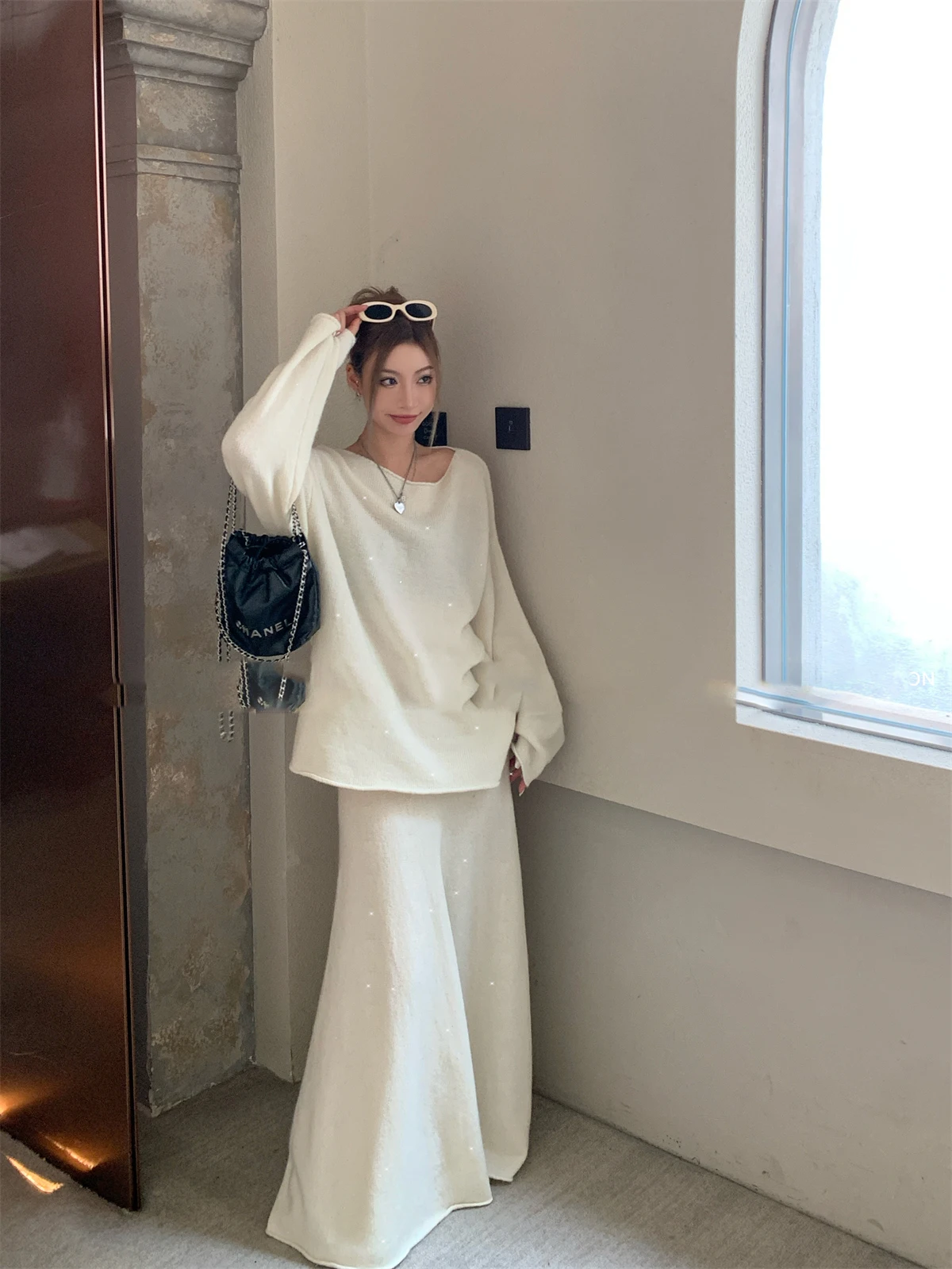 Sexy Soft Elegant Vintage Women Suits 2 Pieces Female Sets Slash Neck Sweater & Midi Dress Bling Knitted TrackSuit