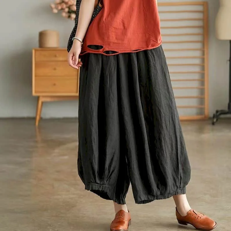Cotton Linen Lantern Pants Women Summer Elastic Waist Loose Casual Women Korean Style Harajuku Vintage Trousers Women Clothing