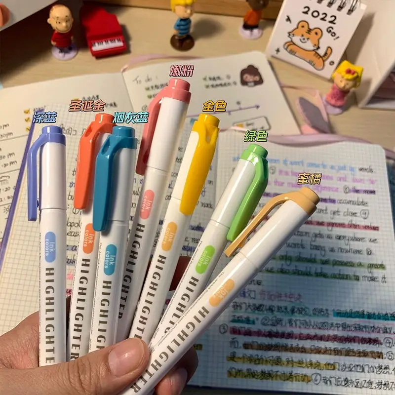 Double Headed Color Highlighter Pen High Visual Value Marking Key Point Marking Note Taking Non Smudging Paper Student