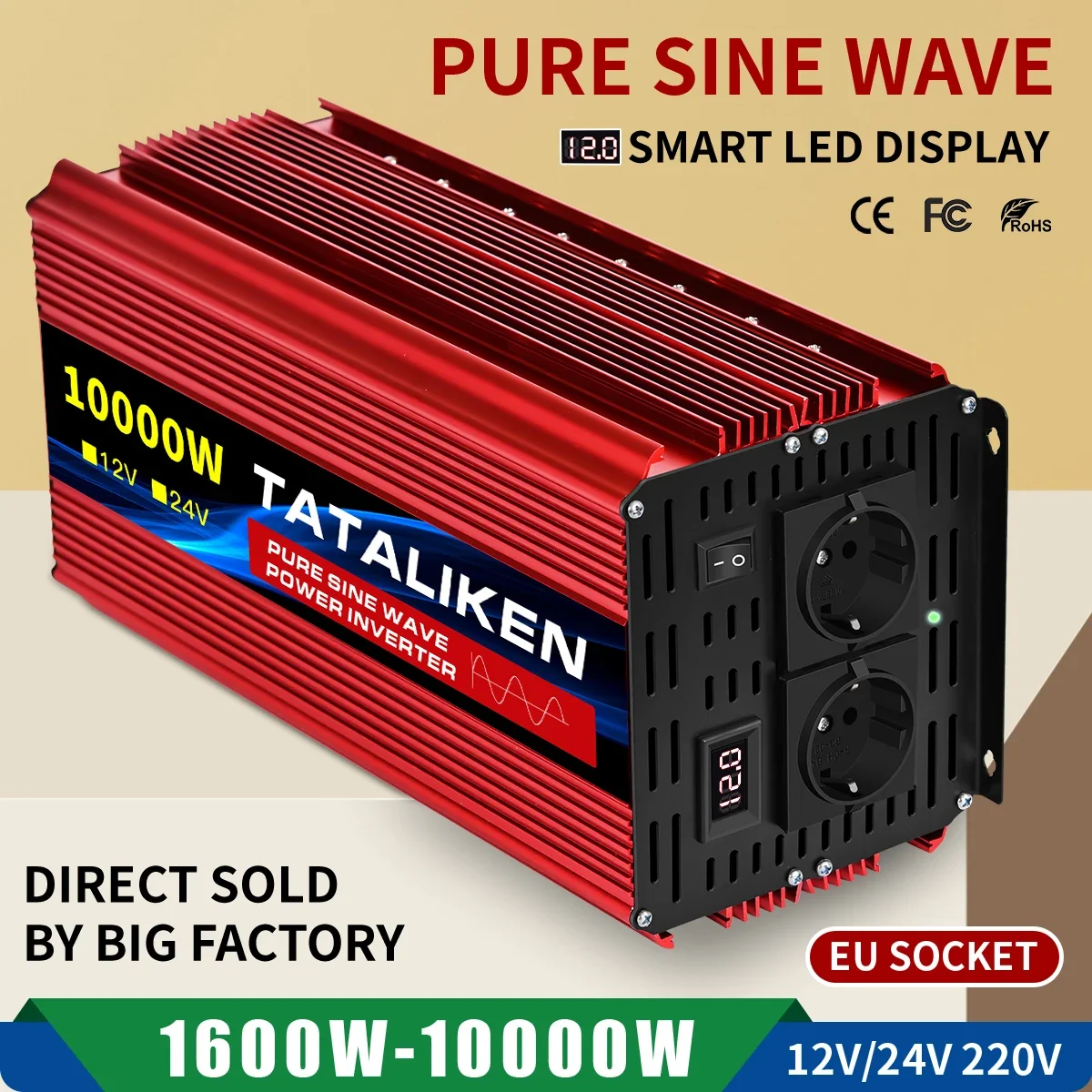 

Pure Sine Wave Inverter 1600W—10000W DC 12V/24V to AC 220V 50hz Power Inverter Charger Converter Adapter EU Socket