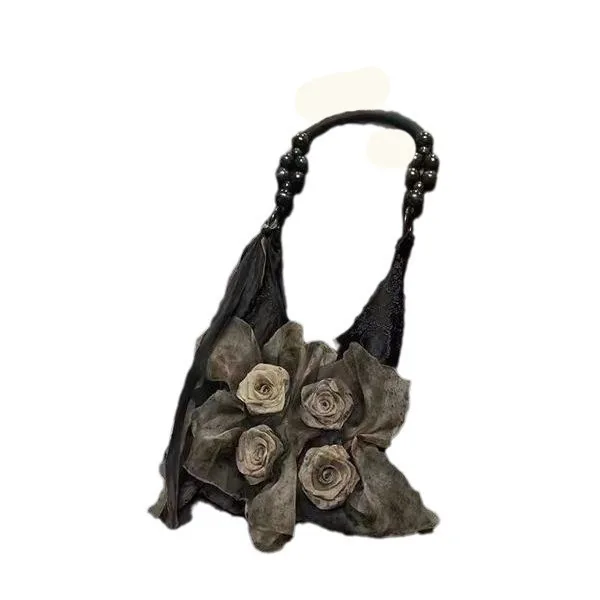 Chinese Style Rose Decor Shoulder Bags Fashion Commuter Tote Bags Classic Pleated Handbags High Quality Women Underarm Bags