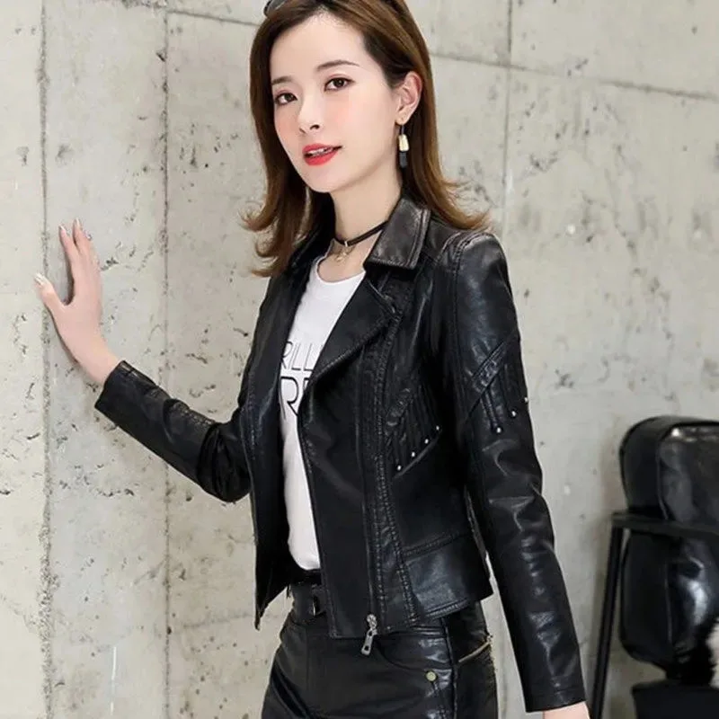 Women Short PU Leather Jacket Faux Fur Long Sleeve Bomber Motorcycle Zipper Coat Slim Punk Outerwear Jaqueta De Couro