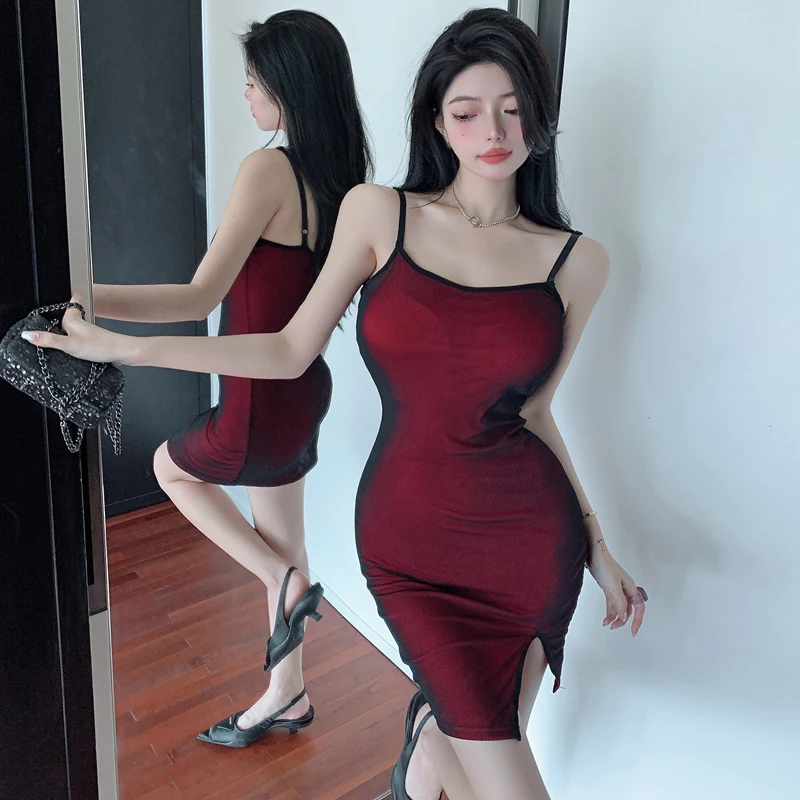 

Sexy Hot Girl Style Mesh off-Shoulder Suspender Nightclub Disco Dancing Skinny Slimming Slit Base Sleeveless Dress for Women