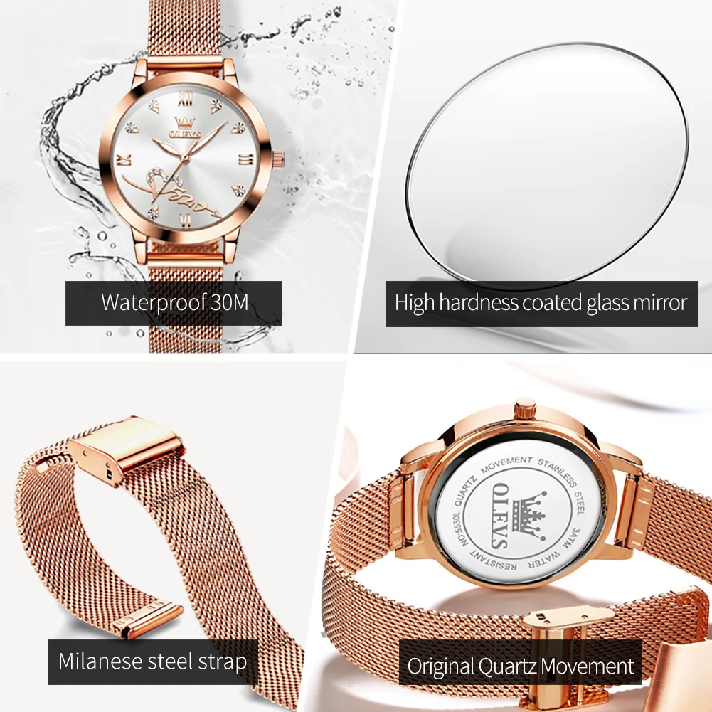 Olevs Topmerk Luxe Dameshorloges Elegant Origineel Quartz Dames Polshorloge Roestvrijstalen Waterdichte Lichtgevende Wijzers Horloge