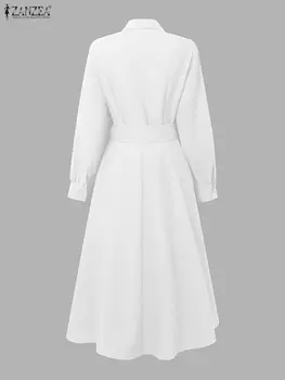 ZANZEA Fashion Women Lapel Neck Long Sleeve Party Dress 2026 Spring Office OL Dresses Belted Robe Solid A Line Waisted Sundress 2