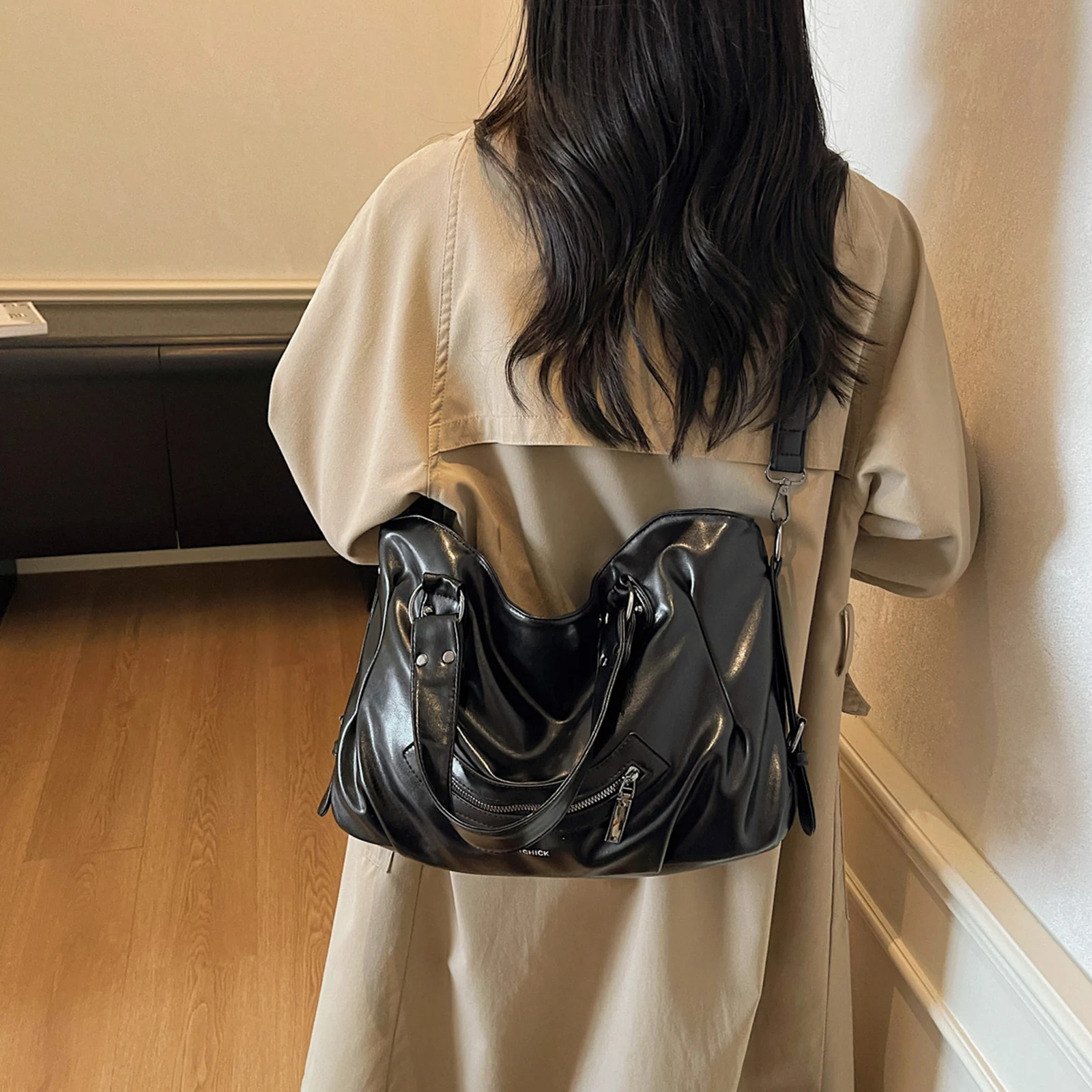 Retro Motorcycle Underarm Purse PU Top Handle Satchel Purse Large Hobo Handbag Solid Color for Women Daily Use Special Occasion