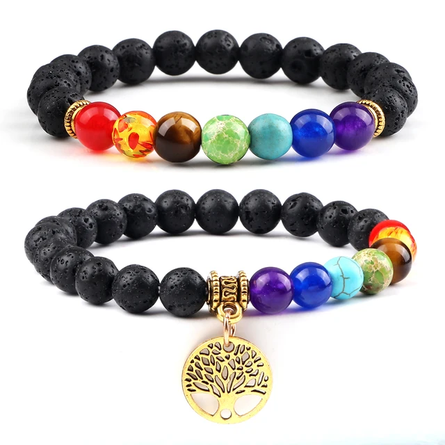 2Pcs/ Set 7 Chakra Charm Bracelets For Men Women Life Tree Natural Lava Stone Beads Yoga Bracelets Handmade Couple Jewelry Gift 1