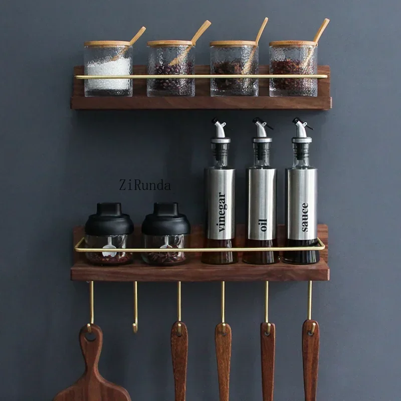 Kitchen Spice Bottle Storage Wooden Rack Multifunctional Wall Hanging Rack Kitchen Solid Brass Hook Bathroom Storage Towel