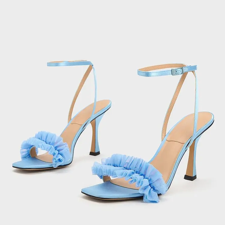 

Blue Ruffled Mesh Open Toe Flared Heel Ankle Strap Women's Sandals