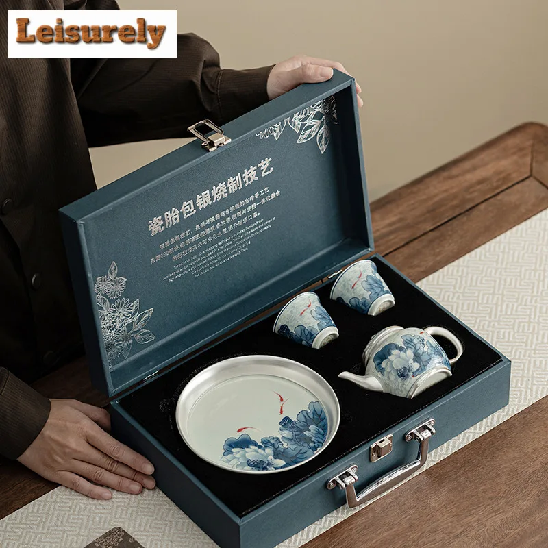 Gilded Silver Fish Playing Lotus Ceramic Tea Set Complete Set Ancient Tea Ceremony Set Teapot And Tea Cup Set Tea Items Gift Box