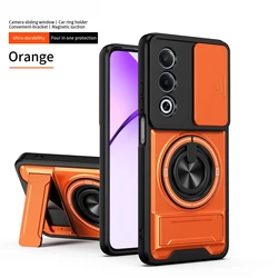 Durable Plastic Hard Shell Phone Case with Magnetic Suction and Rotating Ring Holder for Vivo V70 FE (Orange)