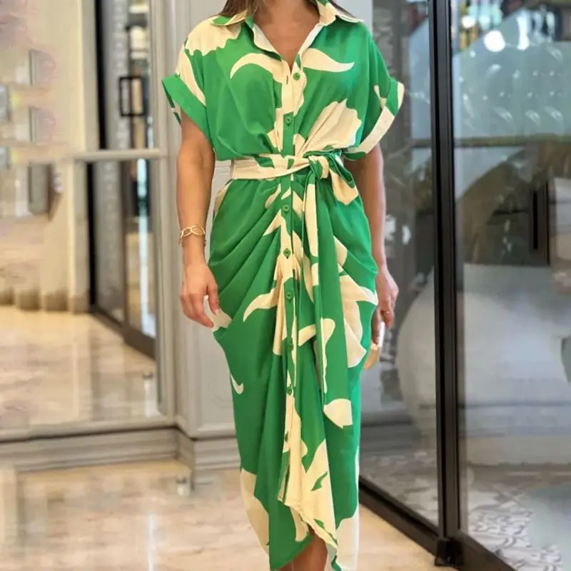 

Women Lapel Elegant Dress Shirt Art Print Short Sleeve Single Row Button Tie Up Pleated Design Cardigan Irregular Long Dresses