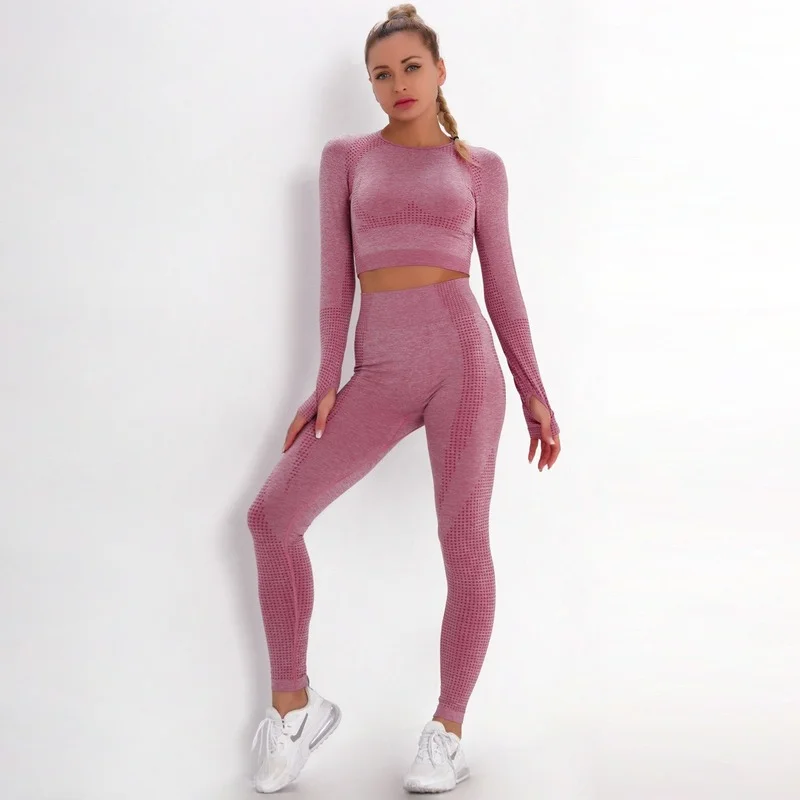 Yoga Clothes Europe and America Little Jacquard Seamless Sports Suit Long-sleeved Gradient Fitness Tight Yoga Pants Women