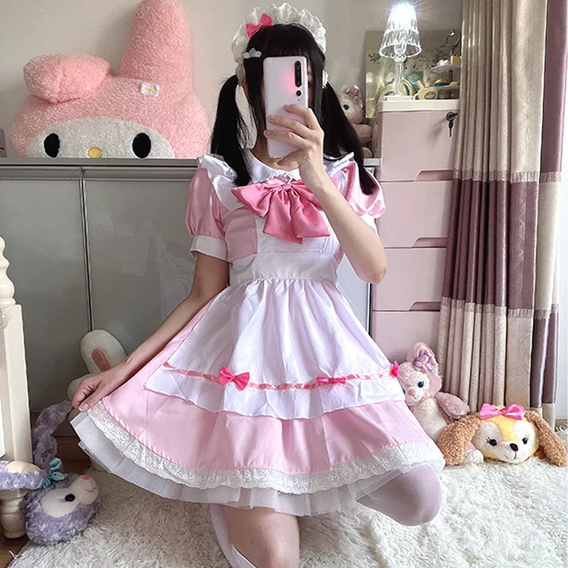 

Sweet Japanese Kawaii White Pink Lolita Uniform Quadratic Element Cosplay Costume Sexy Maid Dress Carnival Party Bunny Skirt