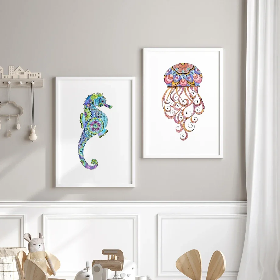 

Whale Turtle Jellyfish Seahorse Ocean Animal Posters Nursery Watercolor Painting Prints Wall Art Canvas Pictures Kids Room Decor