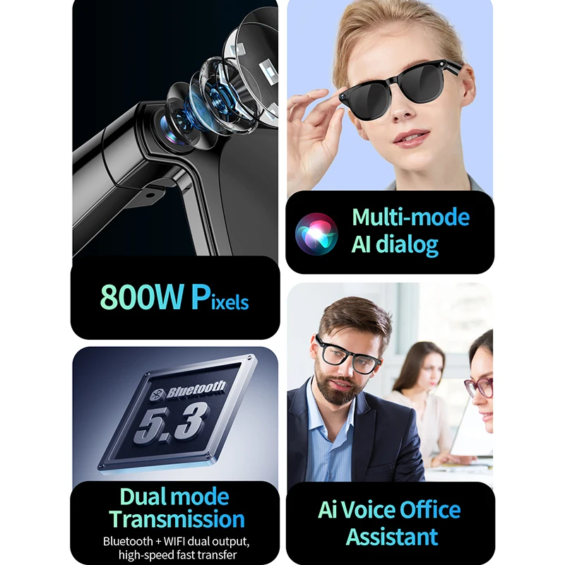 LIGE New AI Glasses 800W Camera Glasses Smart Sunglasses Video Recording BT Call Music Playing Voice Assistant Bluetooth Glasses