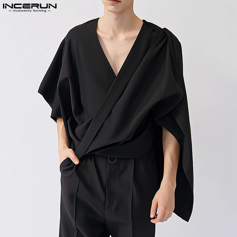 

INCERUN Men Shirt Solid Color V Neck Long Sleeve Loose Shirts Men Streetwear 2024 Korean Style Fashion Casual Men Clothing S-5XL