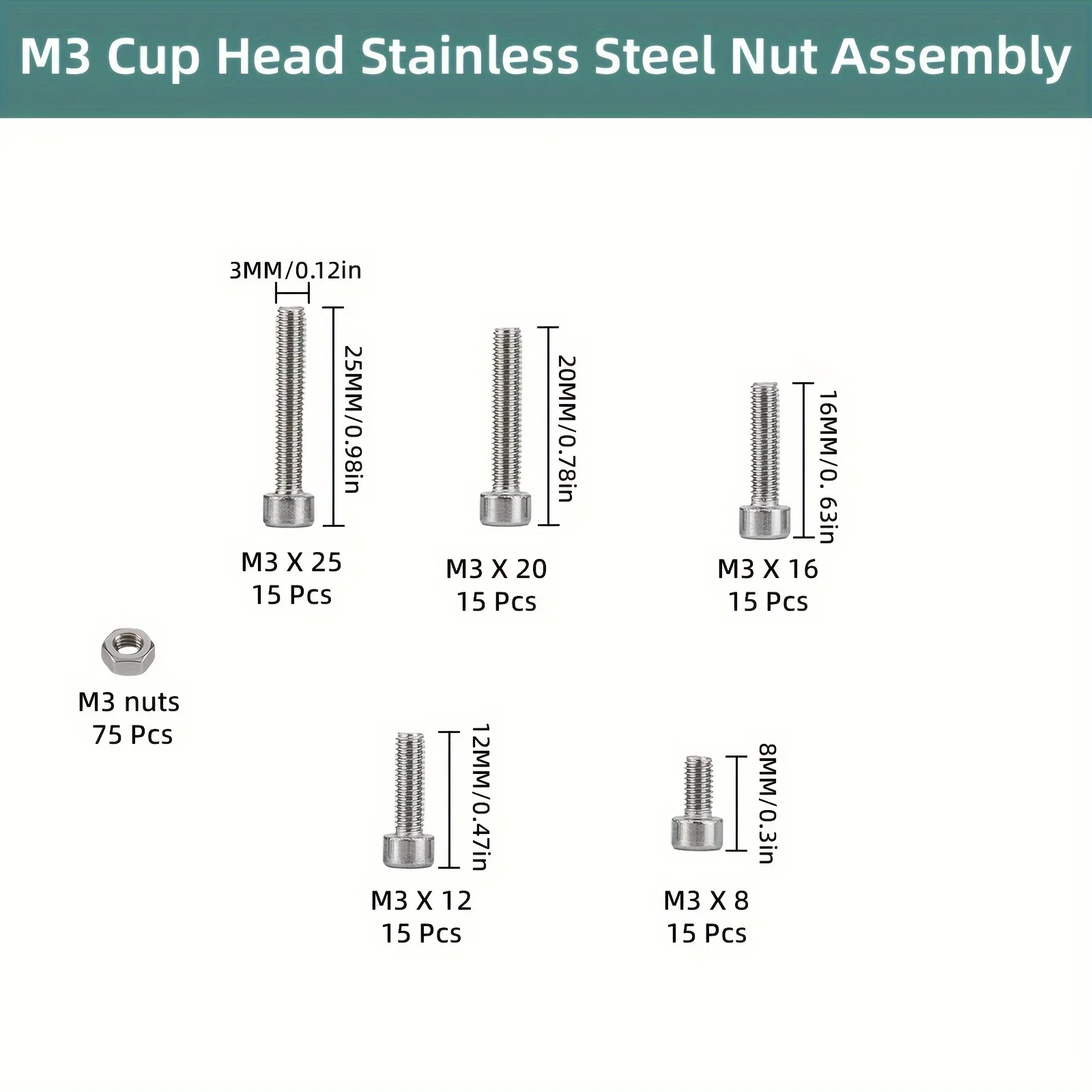 Screw Bolt Nut Set 150pcs/box Hex Head 304 Stainless Steel M3 for Small DIY Repair Projects
