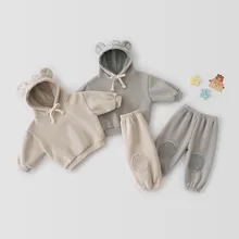 Children Casual Clothes Set Solid Kids Cute Bear Hooded Sweatshirt + Sport Pants 2pcs Suit Boys Girls Cotton Baby Hoodie Suit