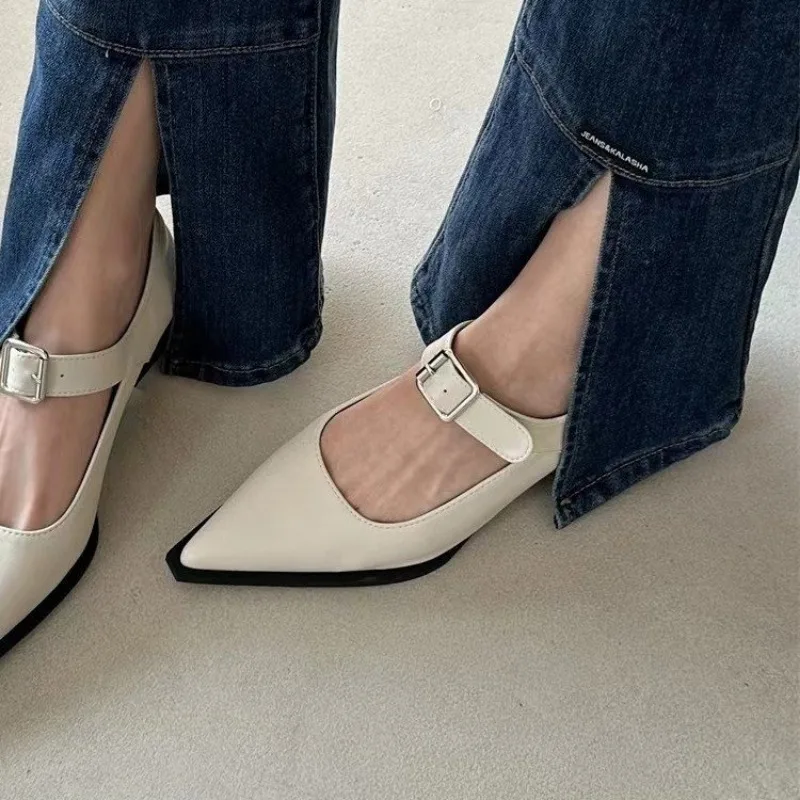 New Fashion Sexy Banquet Comfortable Pointed Toe Buckle Sandals Women's Solid Color High Heels Leather Shoes Zapatos Mujer