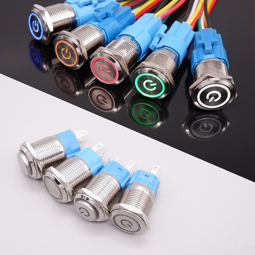

16mm Metal Push Button Switch Car Engine Power Switch Switch Instant Lock Waterproof LED Light Circular Power Button 6V 12V 24V