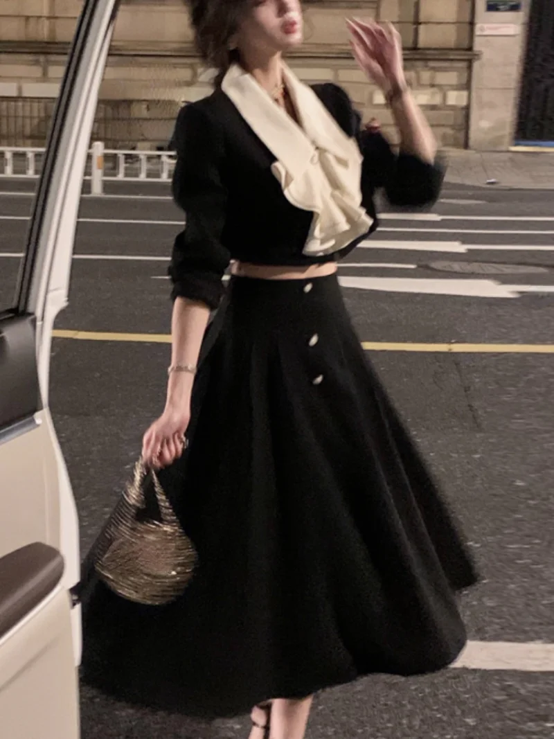Elegant 2 Piece Dress Set Women Long Sleeve Crop Tops + Casual Black Midi Skirt 2023 Autumn Slim Retro Office Lady Korean Suits