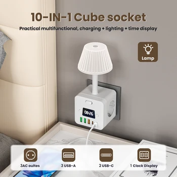3-Outlet Clock Power Strip With Adjustable Night Light Socket, Surge Protection, Switch, 3 USB-A And 2 USB-C Ports for home 1
