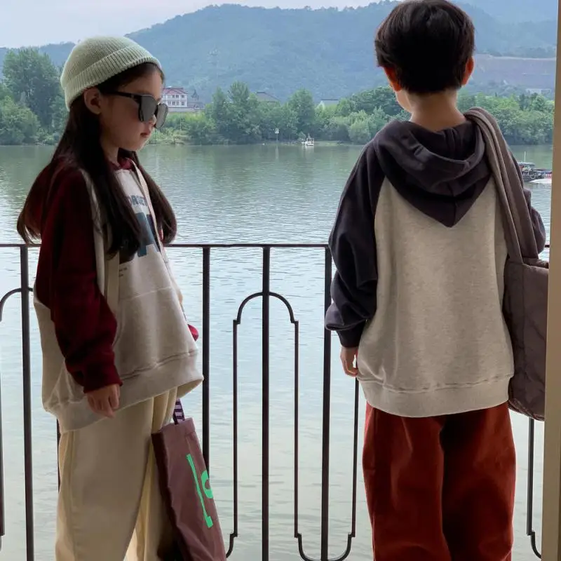 

2023 Autumn New Children Long Sleeve Hooded Sweatshirts Cotton Baby Boys Girls Letter Print Color Block Casual Tops Kids Clothes