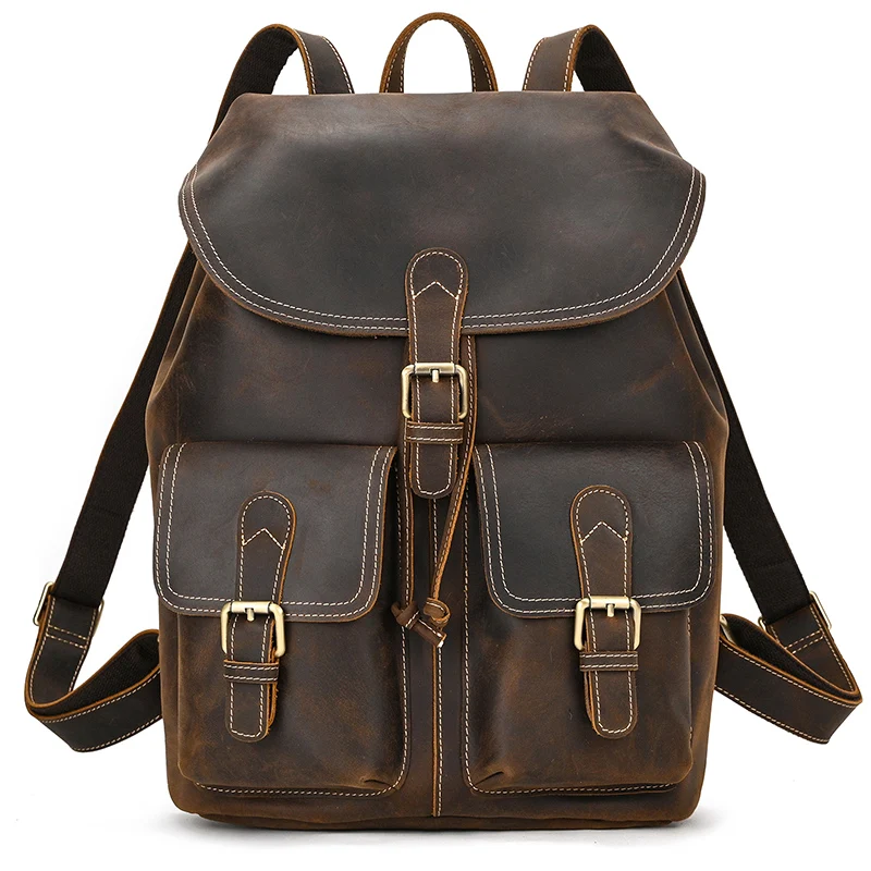Genuine Leather Backpack Men Vintage Crazy Horse Leather Bucket Daypack Large Capacity Male Travel Backpack School Bags 2