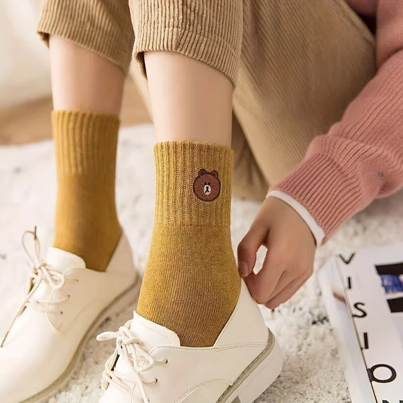 10pcs/5 Pairs  Comfortable Bear PatternWoman Mid Calf Socks - Soft and Warm Socks, Mid Socks, Sports Socks, Machine Washable
