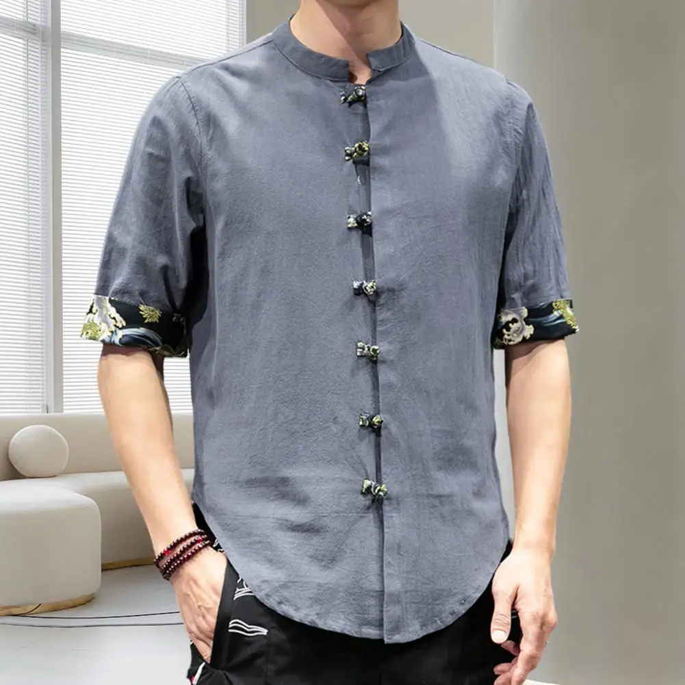 

Men Chinese Style Shirt Chinese Style Stand Collar Men's Spring Shirt with Printed Cuff Single-breasted Knot Buttons Solid Color