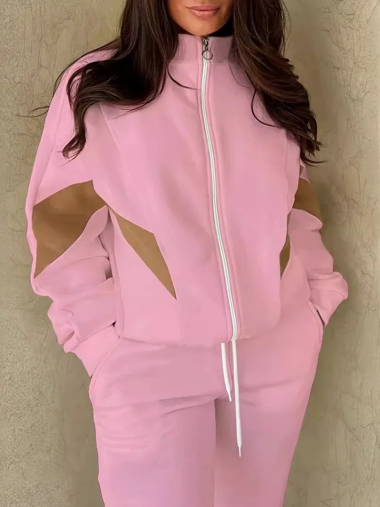 Wmstar Two Piece Set Plus SizeWomen Wholesale Casual Sportswear Features Fashionable Patchwork High Neck Coat Long Corset