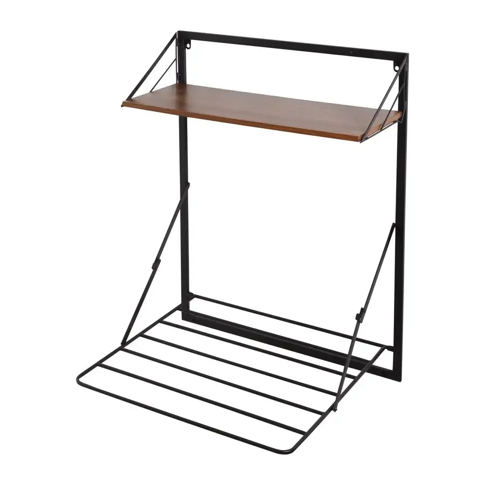 Retractable Steel Wall Mount Drying Rack with Shelf Rust-Resistant Black/Walnut Eco-Friendly Collapsible Laundry Organizer 2
