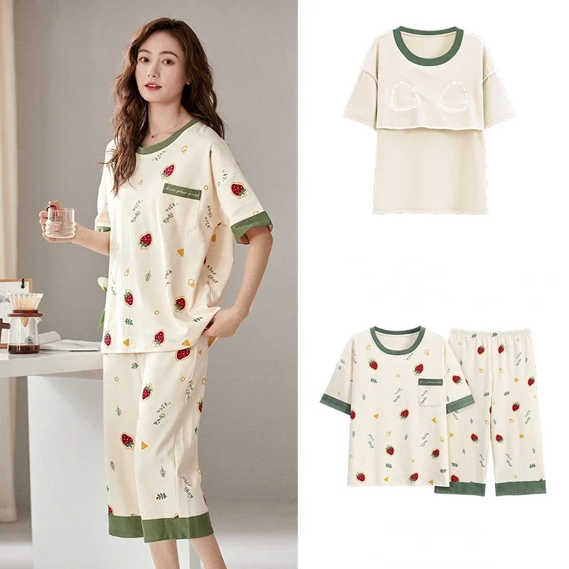 

Women Sleepwear Print Summer Pajamas Set Big Size Cotton Nightwear with Chest Pad Short Sleeve Kawaii Clothes Pajamas Homewear