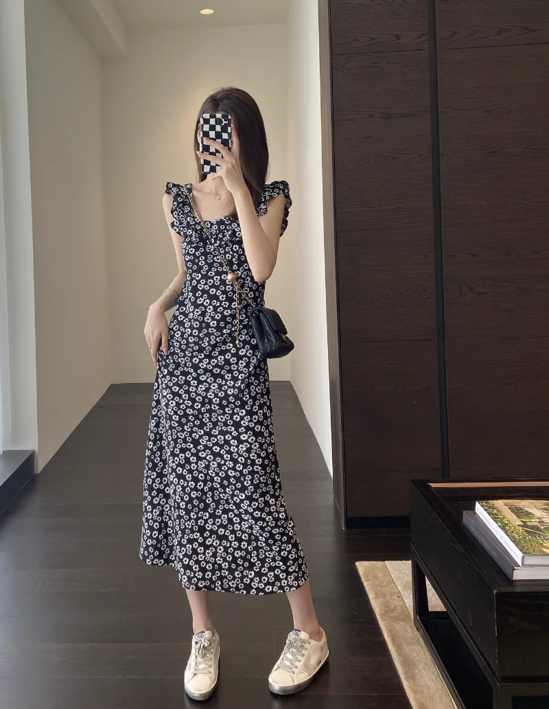 

Ruffled Floral Skirt Slim Black Skirt Mid-length Women's Dress Amoi