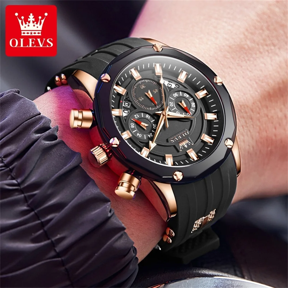 OLEVS 9991 Watch For Men 45mm Big Dial Chronograph Quartz Man Wristwatch Waterproof Luminous Silicone Strap Fashion Men's Watch
