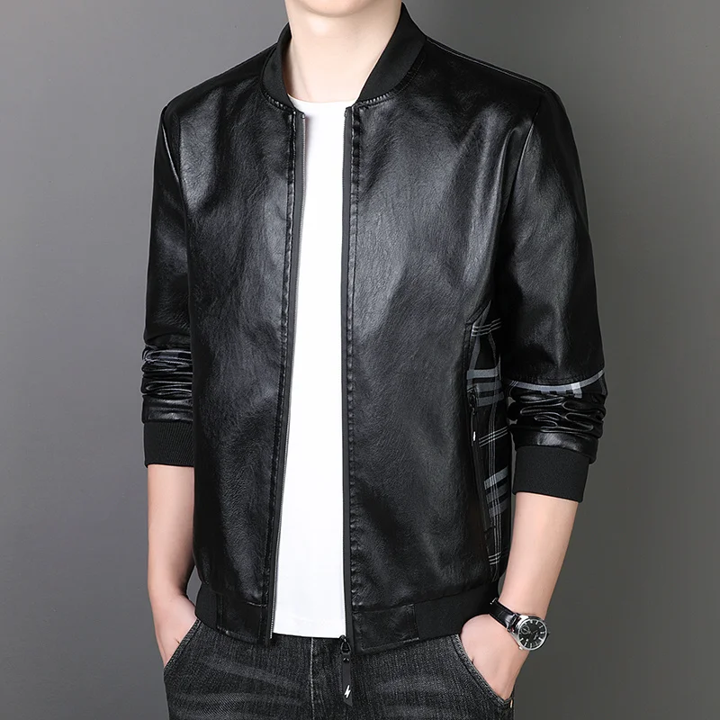 

Outdoor Leather Jacket Men's Baseball Collar Retro Motorcycle PU Leather Jacket Fashion Solid Color Men's Chaqueta De Cuero