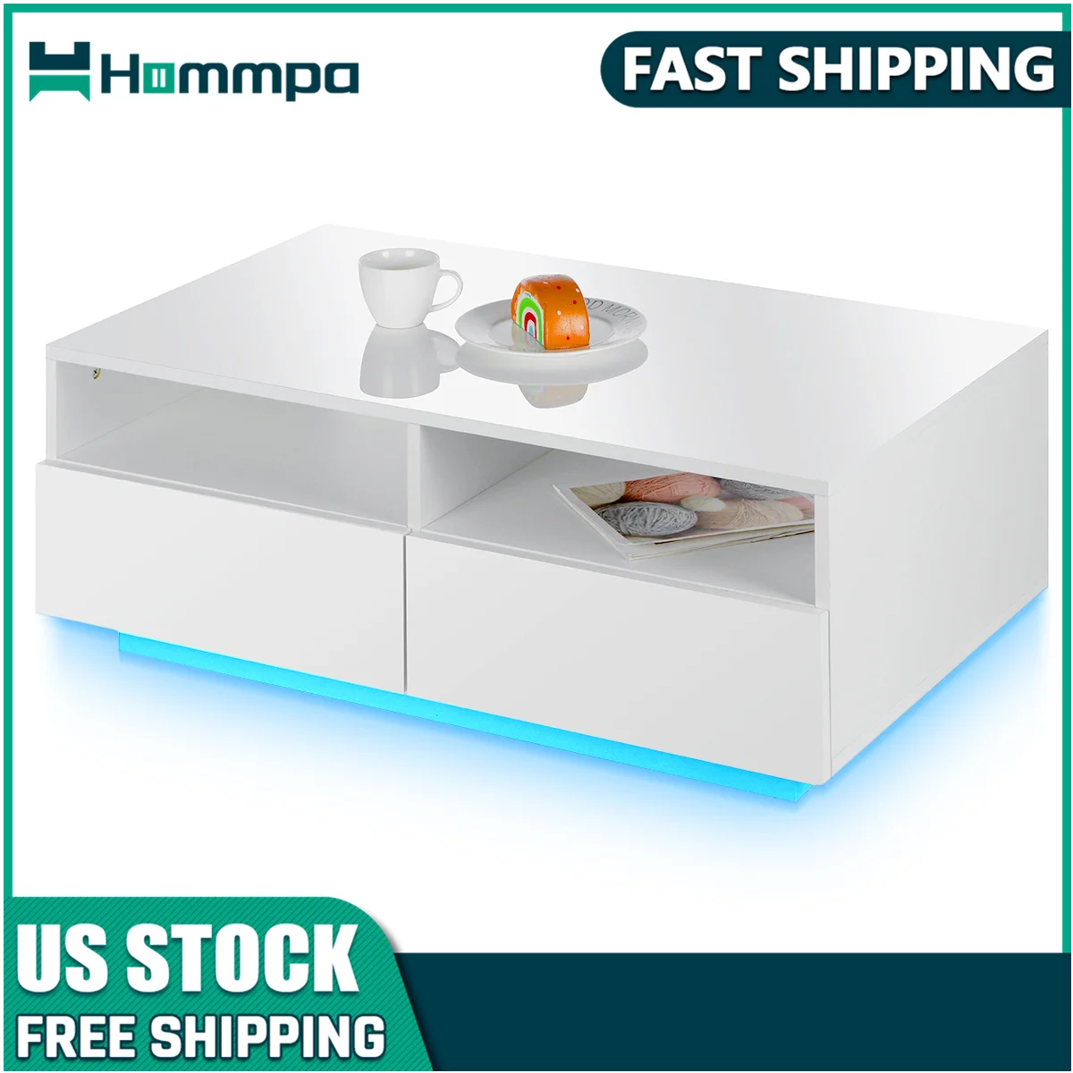 Hommpa LED Coffee Table High Golss Modern Table with Storage Center Table with 4 Drawer and Open Shelves for Living Room