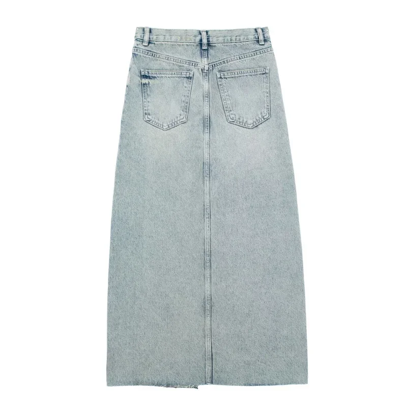 Women's Front Slit Blue Denim Skirt Pockets High Waist Slim Zipper Fly Midi Skirts 2023 Spring Female Casual Streetwear
