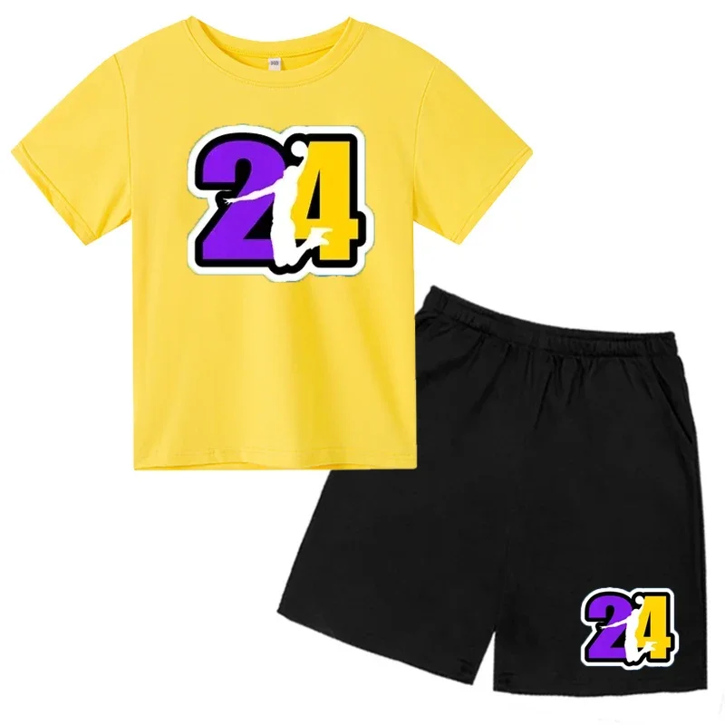 thumbnail image 1 of Conjunto de camiseta de cuello redondo de algodón para niños de verano con 24 mangas cortas y pantalones cortos casuales estampados para niños y niñas de 2 a 12 años, 1 of 5