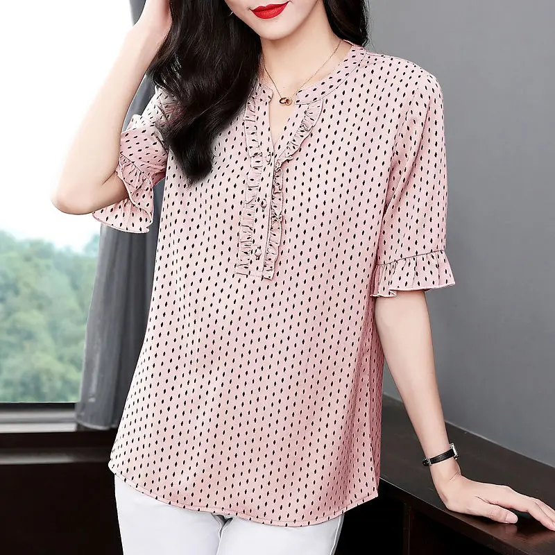 Women's Ruffles Polka Dot Print Blouse Summer Fashion V Neck Short Sleeve Shirt Casual Loose Pullover Tops Blusas De Mujer 2023