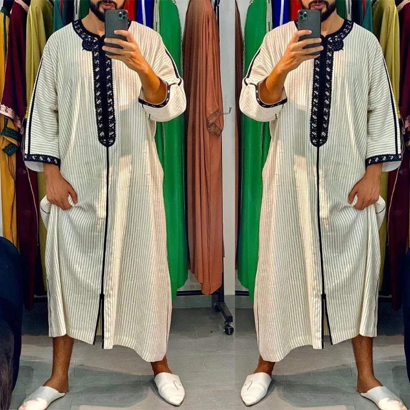 

Ramadan Muslim Dress Abayas Dubai Casual Kaftan Robe Printed Islamic Costume with Long Sleeve Lapel Collar Gift for Mens