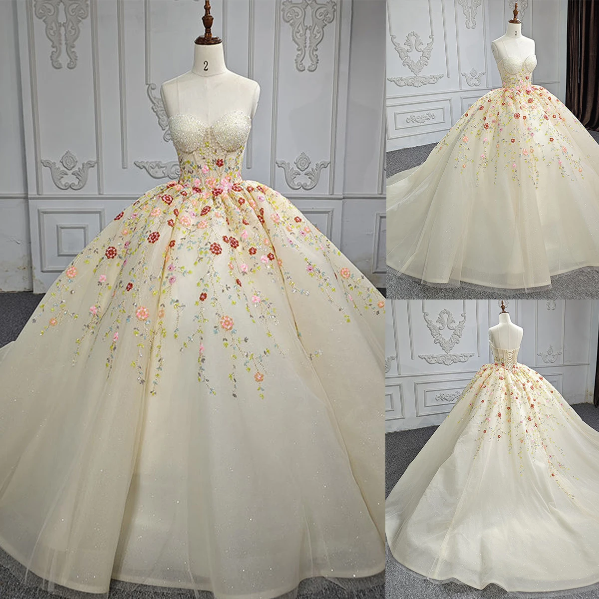 

Illusion Ball Gown Quinceanera Dresses For Women Sequins Organza Bridal Gowns Slim Fit Sleeves Sweetheart Sweep Train Dresses