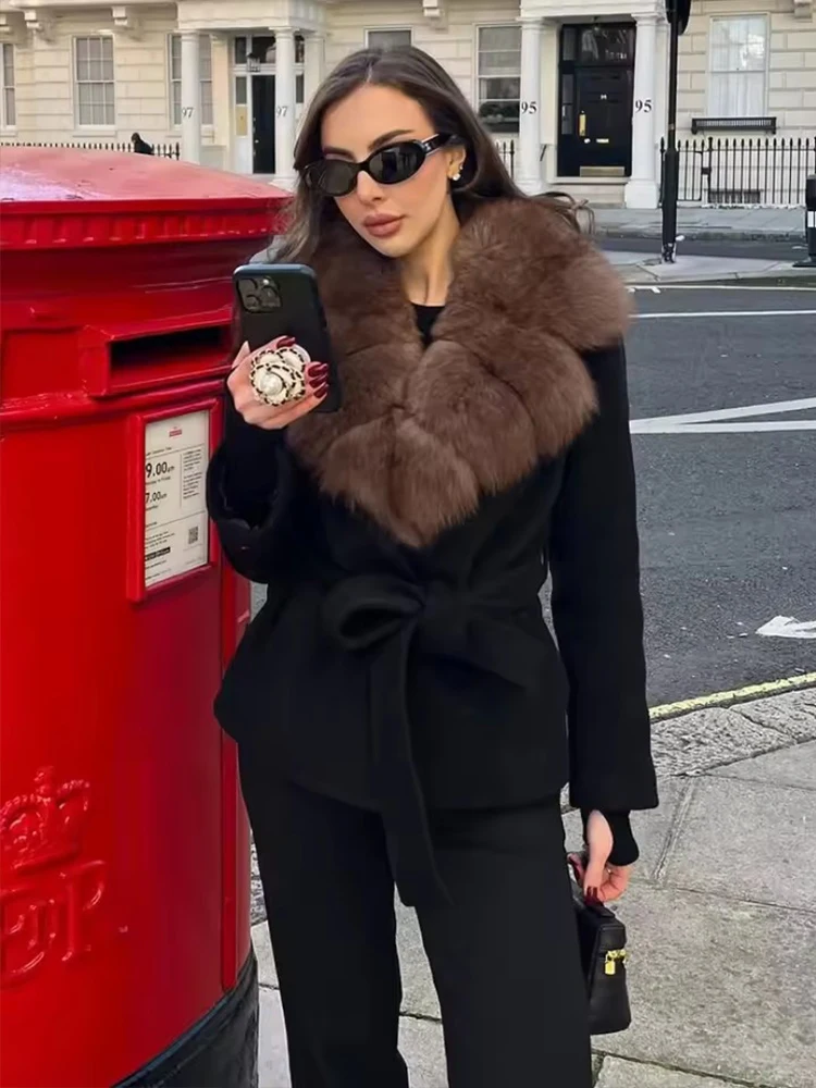 Elegant Faux Fur Woolen Coat Women Shawl Collar Belted Long Sleeve Jacket Coats Female Autumn Winter Fashion Lady New Outerwears