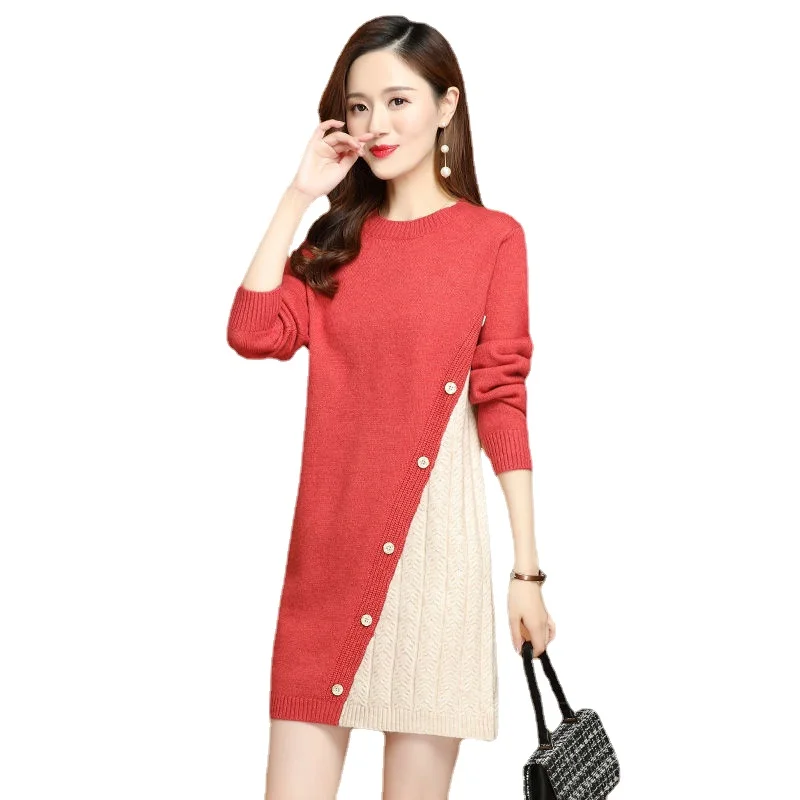 

Свитер с круглым вырезом, женское свободное вязаное платье средней длины в западном стиле, Осень-зима 2022, новинка, весна-осень