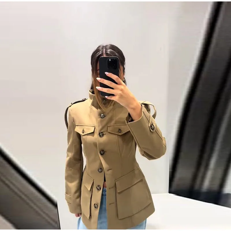 Pocket Stand Collar Long Sleeves Jacket Woman Single Breasted Solid Color Waist Cinching Jackets Versatile Women's New Jackets 8 S538e032f7d734fa09e079d1d595aadc2u
