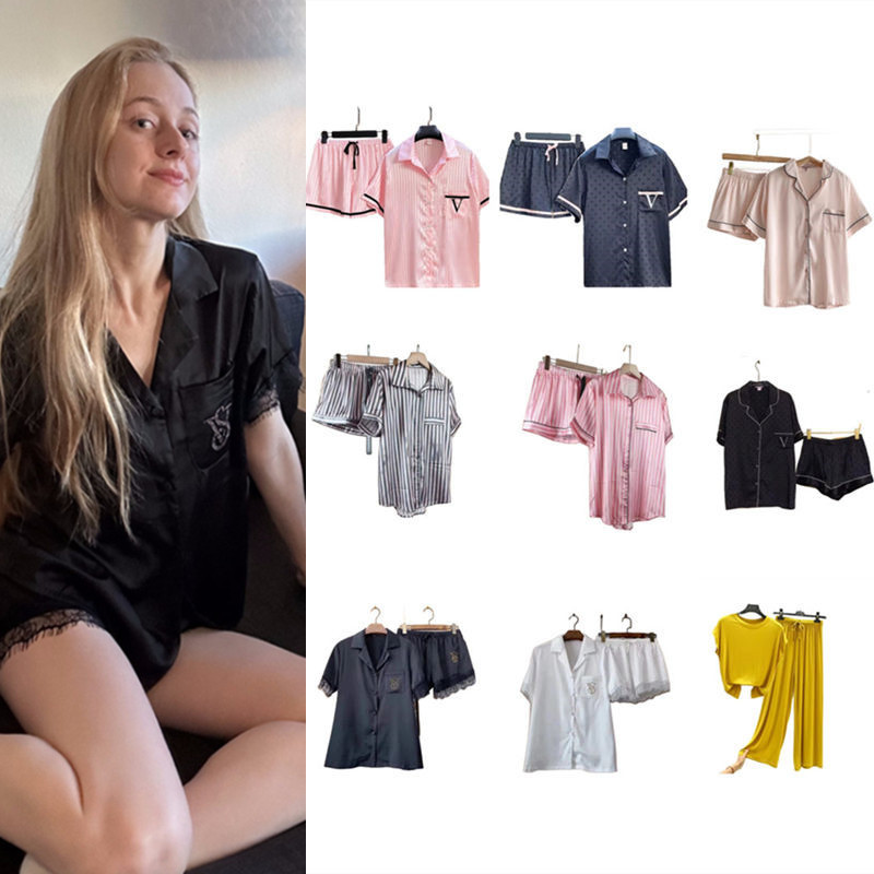 2025 Women's Sexy Lace Pajamas Two -piece Short Shirt Shorts, Satin Loose Casual Clothes Fashion Luxury Silk Summer Home Service