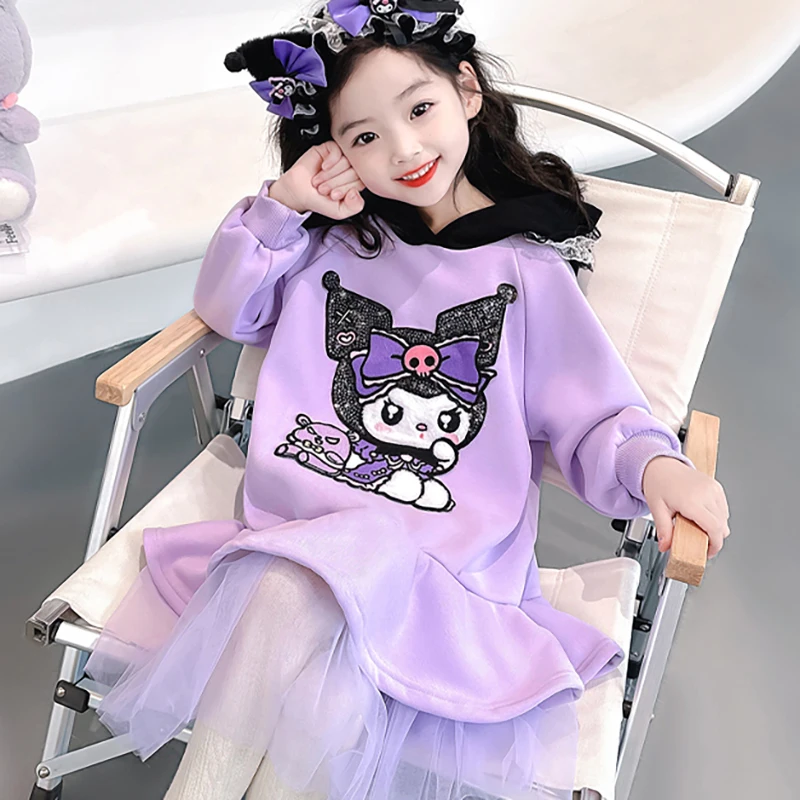 

Sanrio Kuromi Dress Aime Autumn Winter Girl Princess Dress Y2K Hooded Sweatshirt Short Dress Kids Wedding Party Birthday Dress