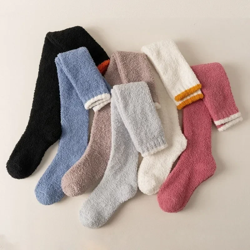 Winter Warm Coral Fleece Knee High Socks Stockings Harajuku Solid Color Thicken Warm Long Socks Indoor High Tube Sleeping Socks